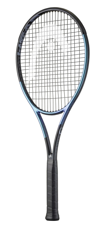 A black and blue HEAD Gravity Pro 2025 Tennis Racket with tightly strung strings, large sweetspot, and a black grip handle is displayed against a white background.