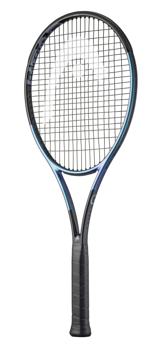 A black and blue HEAD Gravity Pro 2025 Tennis Racket with tightly strung strings, large sweetspot, and a black grip handle is displayed against a white background.