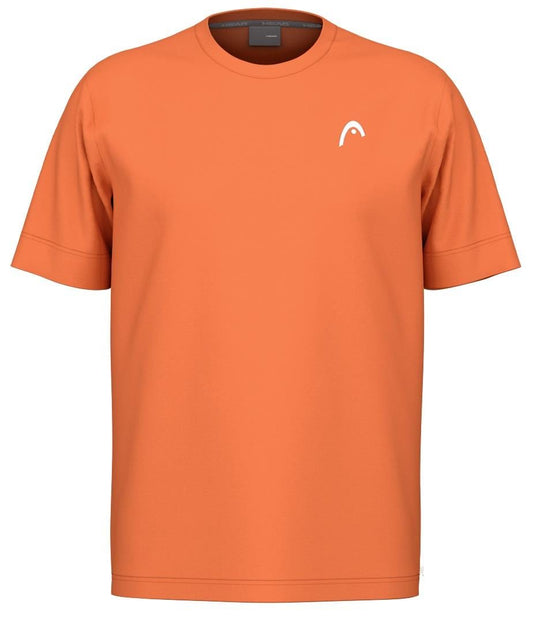 The HEAD Slice II Men's Tennis T-Shirt features an orange, short-sleeve design made with moisture transfer microfiber and a small white logo on the left chest. Crafted from polyester interlock for comfort and durability, it is presented against a plain white background.