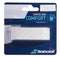 The packaging for the Babolat Syntec Evo X1 Replacement Tennis Grip - White is stylishly designed in blue and white. It displays an image of the grip along with icons that emphasize "extra absorption." Perfect for tennis rackets, it prominently features the Babolat logo at the bottom.