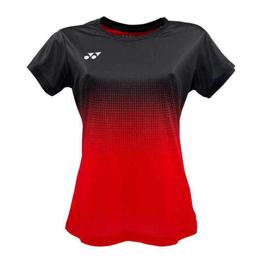 The Yonex YTL5 Women's Tennis T-Shirt in Red/Black features a gradient, pixelated design with moisture-wicking polyester for enhanced performance, seamlessly blending black to red, and displaying a sleek logo on the chest.