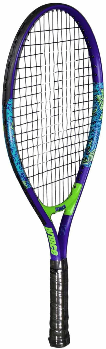 The Prince Ace/Face 21 Junior Tennis Racket by Prince features a lightweight aluminum build with a blue frame accented by purple and green details. It is perfect for beginners aiming to generate power, boasting a black grip tape-wrapped handle and white strings. Its modern and sporty design makes it an excellent choice for young players.