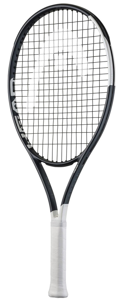 The HEAD Speed Junior 25 2026 Tennis Racket by HEAD features a black and white frame, a white grip, and "HEAD" printed on the frame, shown against a plain white background.