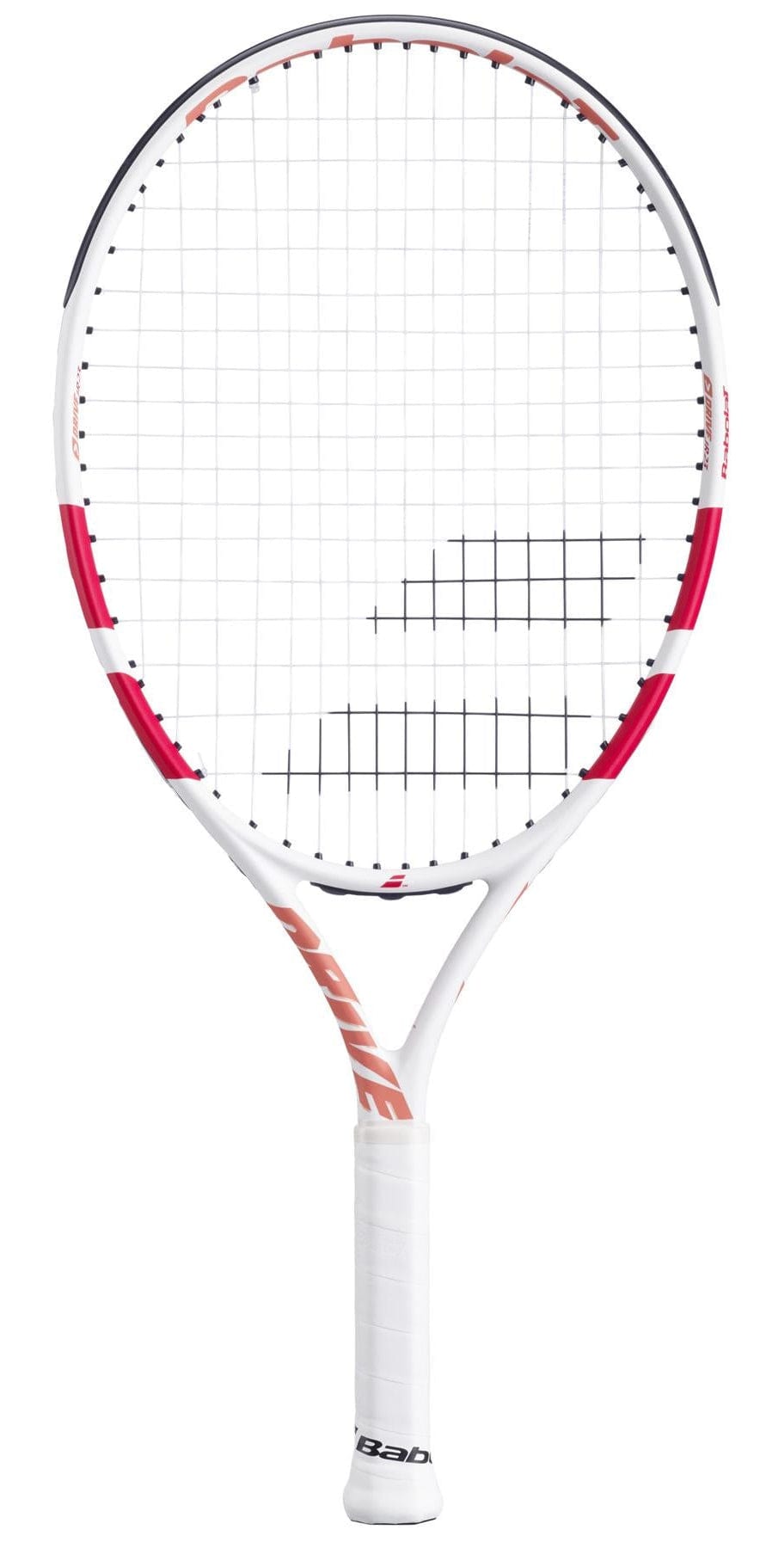 The Babolat Drive Junior 23 Tennis Racket by Babolat, featuring red accents, a white grip, and tightly strung strings, is shown against a plain white background.