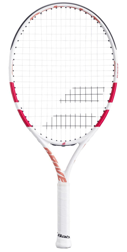 The Babolat Drive Junior 23 Tennis Racket by Babolat, featuring red accents, a white grip, and tightly strung strings, is shown against a plain white background.