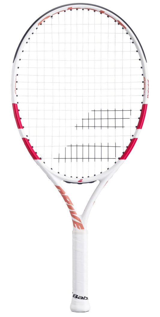The Babolat Drive Junior 23 Tennis Racket by Babolat, featuring red accents, a white grip, and tightly strung strings, is shown against a plain white background.