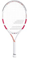 The Babolat Drive Junior 23 Tennis Racket by Babolat, featuring red accents, a white grip, and tightly strung strings, is shown against a plain white background.