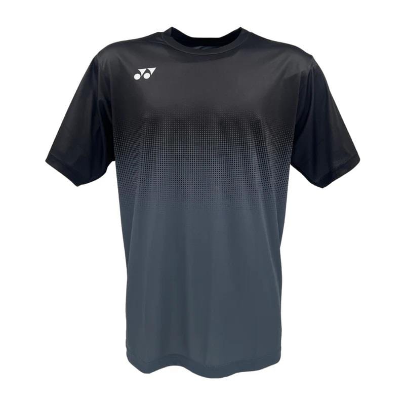 The Yonex YTM5 Men's Tennis T-Shirt in Shadow/Black features a dark to light gray gradient and is crafted from moisture-wicking polyester. A small white logo appears on the upper left chest, combining style and comfort for your game.