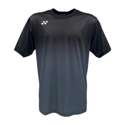 The Yonex YTM5 Men's Tennis T-Shirt in Shadow/Black features a dark to light gray gradient and is crafted from moisture-wicking polyester. A small white logo appears on the upper left chest, combining style and comfort for your game.