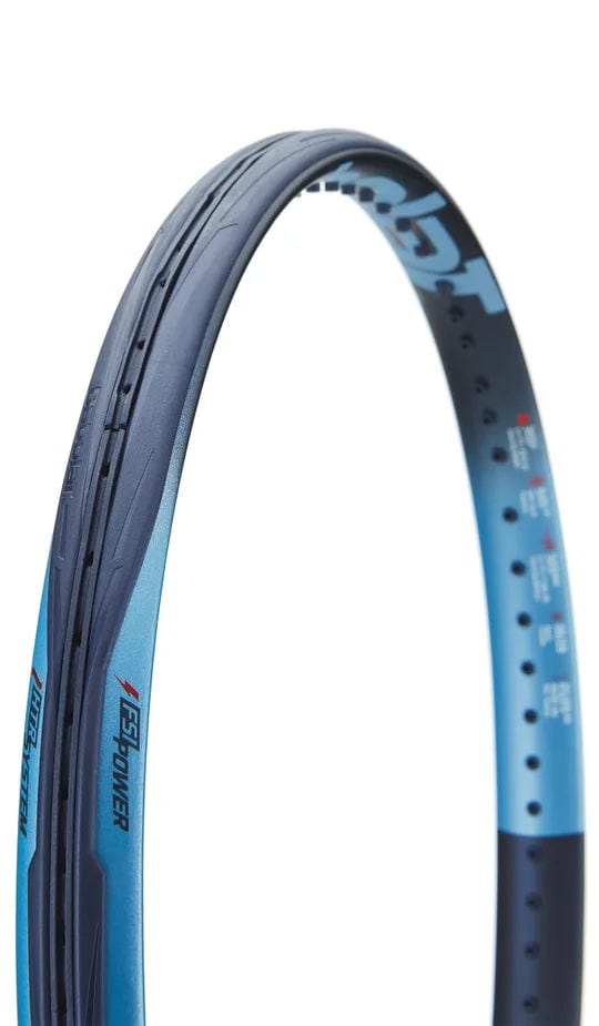 Close-up of the top edge of a blue Babolat Pure Drive 2025 Tennis Racket, revealing frame texture, grommet holes, and graphics like “FASTPOWER” and “HIGH SPEED.”.