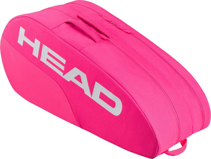 The HEAD Base 6 Racket Tennis Bag M - Pink features bold white HEAD branding, two main zippered compartments, and a top carrying handle.