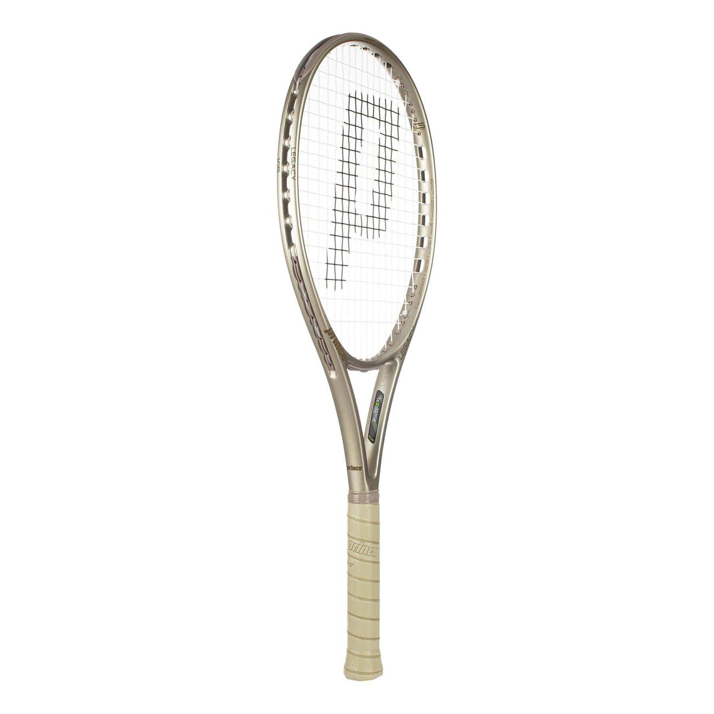 The Prince O3 Legacy 105 2025 Tennis Racket features a silver frame, white strings with an integrated "P" pattern, a white grip, and is designed for a large sweetspot.