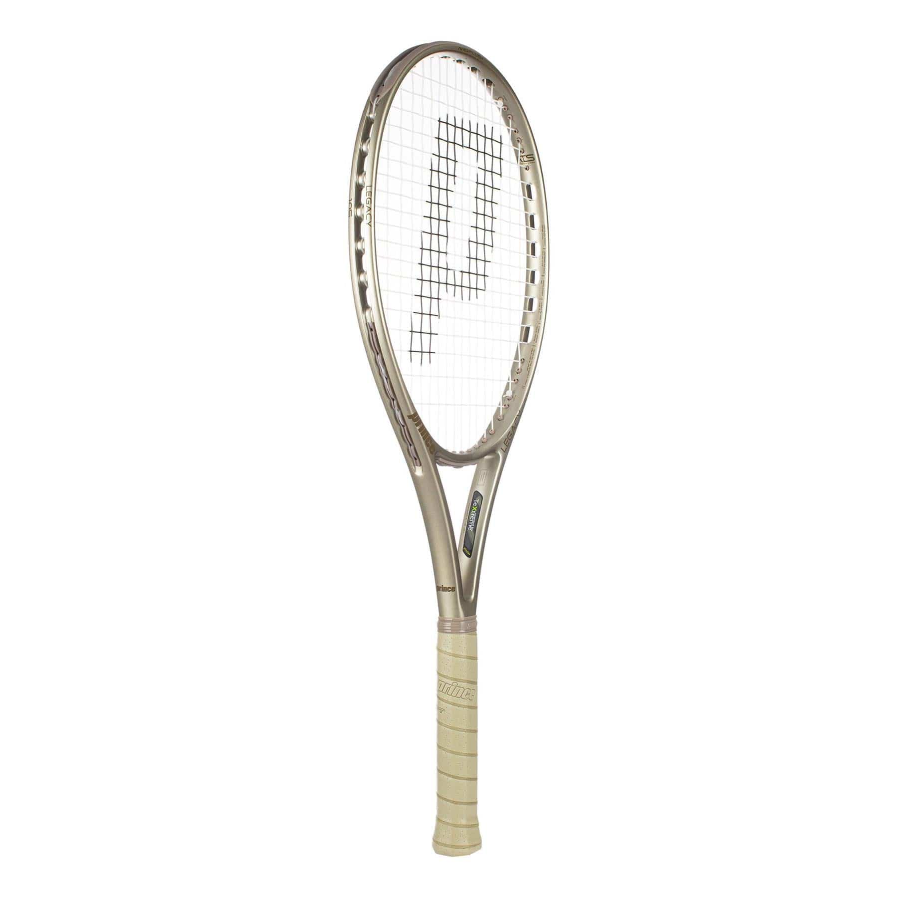 The Prince O3 Legacy 105 2025 Tennis Racket features a silver frame, white strings with an integrated "P" pattern, a white grip, and is designed for a large sweetspot.