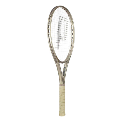 The Prince O3 Legacy 105 2025 Tennis Racket features a silver frame, white strings with an integrated "P" pattern, a white grip, and is designed for a large sweetspot.