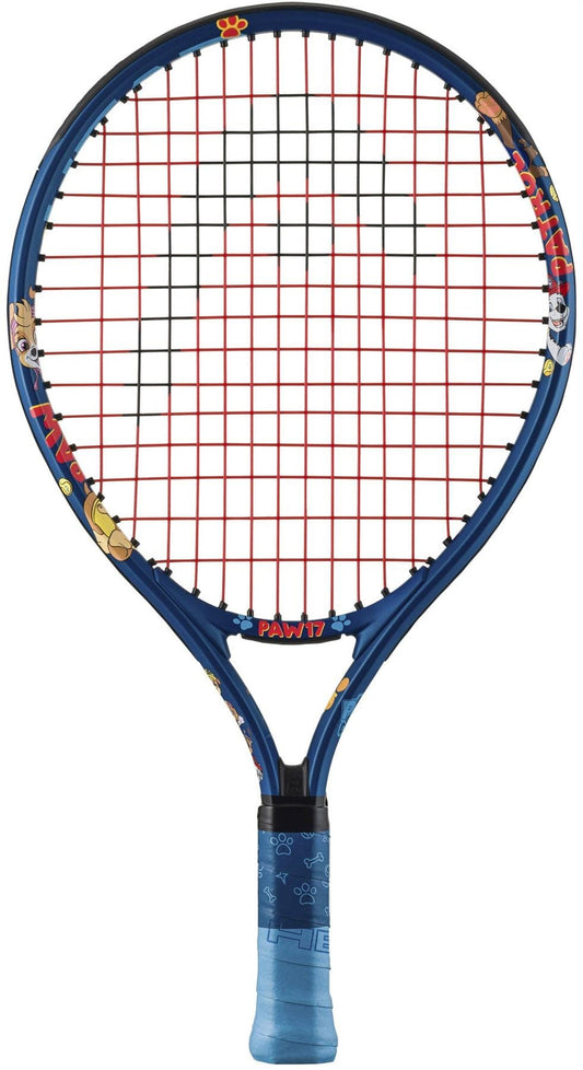 The HEAD x Paw Patrol 17 Junior Blue Tennis Racket features red strings, cartoon dog and paw designs, a light blue grip, and "PAW" on the throat—making it a fun choice for kids.