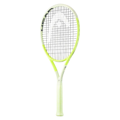 A green tennis racket with black strings, designed for exceptional spin using HEAD Auxetic 2.0 technology. Shown against a plain white background, the HEAD Extreme MP 2024 Tennis Racket by HEAD boasts a sleek design emphasizing the head and handle.