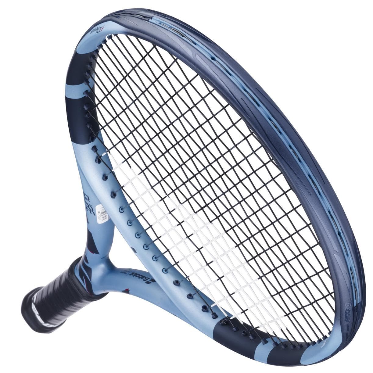 A close-up of the Babolat Pure Drive Junior 26 Gen 11 tennis racket in blue and black with black strings, angled upward against a white background.