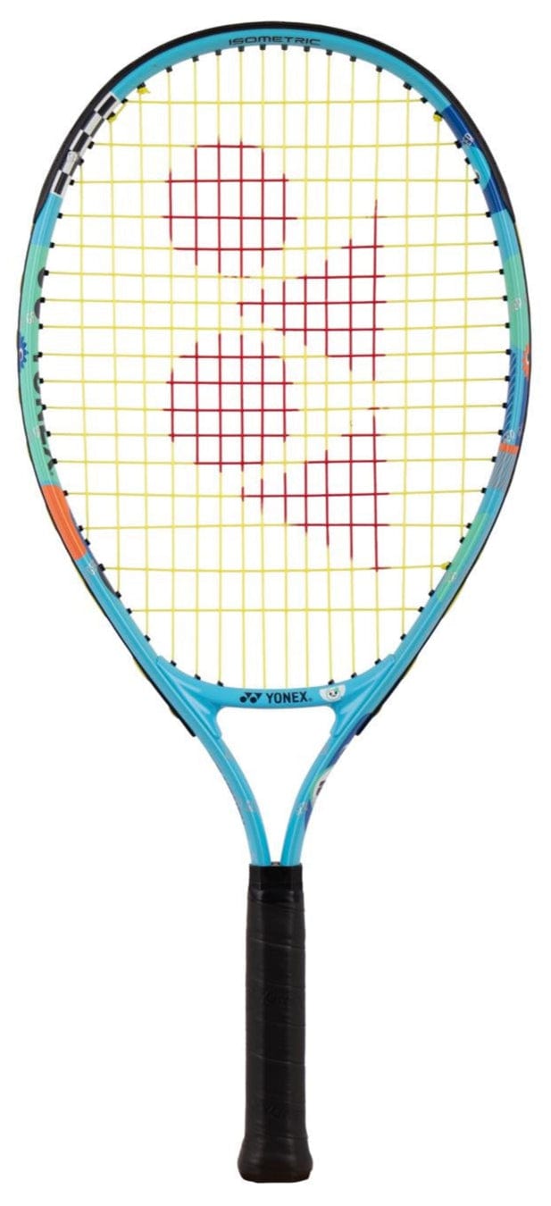 The Yonex Junior 23 Ocean Blue Tennis Racket, featuring a black handle and yellow strings with a red Yonex logo, is perfect for young players seeking a quality kids tennis racket.