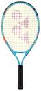 The Yonex Junior 23 Ocean Blue Tennis Racket, featuring a black handle and yellow strings with a red Yonex logo, is perfect for young players seeking a quality kids tennis racket.