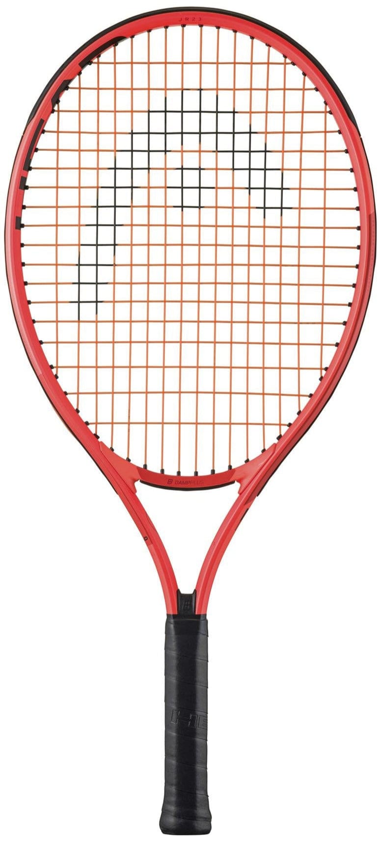 The HEAD Radical Junior 23 2025 Tennis Racket by HEAD features a red frame, black strings, and a black handle, displayed against a white background.