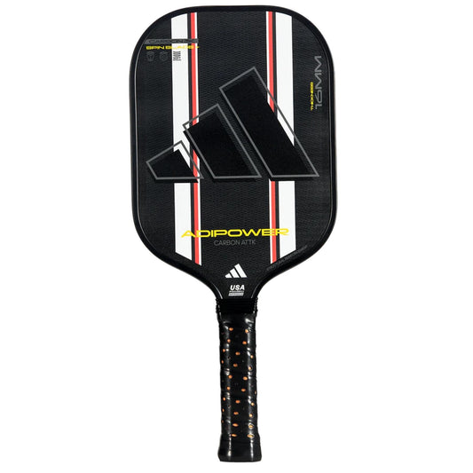 The adidas ADIDAS Adipower Carbon ATTK 3.3 Pickleball Paddle features 3K Carbon, a textured black surface with red, white, and gray diagonal stripes, plus a black cushioned handle with orange accents.