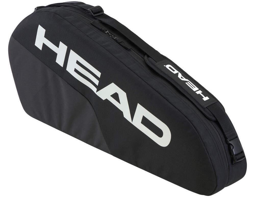 The HEAD BASE 3 Racket Tennis Bag S - BK boasts a sleek design with a large white logo on black fabric, zippered closure, and an adjustable shoulder strap for easy transport. Its reinforced construction ensures durability both on and off the court.