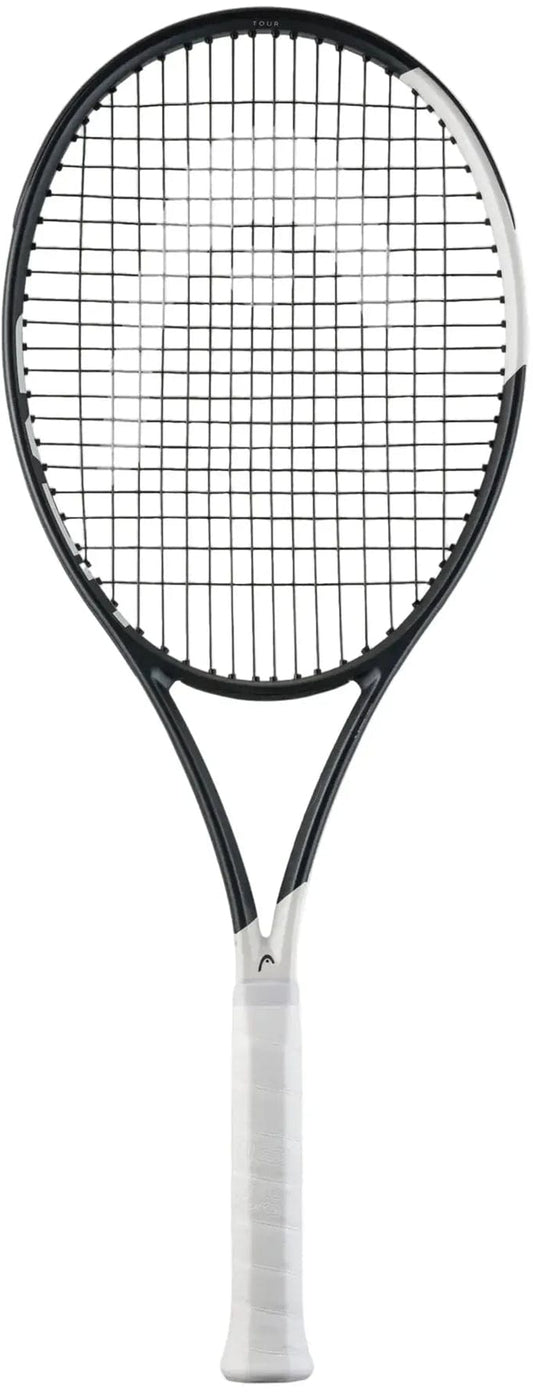 The HEAD Speed Tour 2026 Tennis Racket by HEAD is shown with a black and white frame, white grip, tightly strung black strings, and advanced Hy-Bor technology, set against a plain white background.