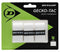 The Dunlop Gecko-Tac Tennis Overgrip - 3 Pack - White comes in packaging featuring green and black colors with the Dunlop branding and a clover symbol, indicating its tacky surface technology for enhanced control.