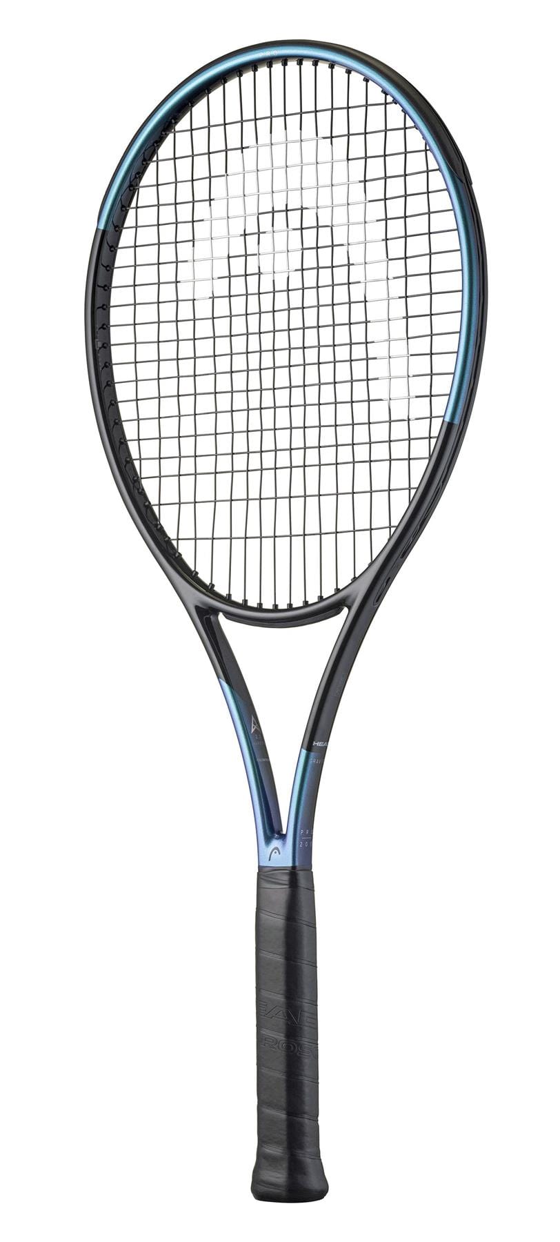 A black and blue HEAD Gravity Pro 2025 Tennis Racket with a black grip, featuring Auxetic 2.0 technology for a large sweetspot, is shown isolated on a white background.