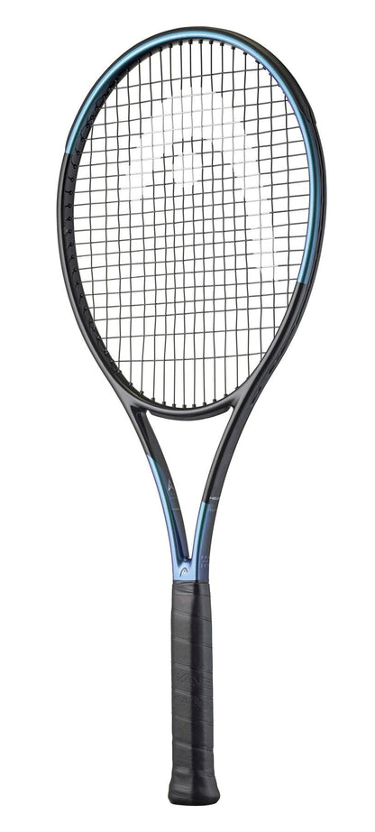 A black and blue HEAD Gravity Pro 2025 Tennis Racket with a black grip, featuring Auxetic 2.0 technology for a large sweetspot, is shown isolated on a white background.