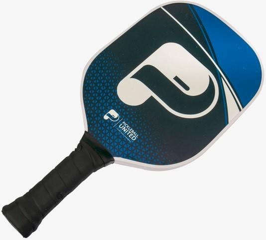 The Pickleball United Freedom Paddle features a black and blue design, a large white "P" logo, black grip handle, “Pickleball United” near the base, and a durable polypropylene honeycomb core for top performance.