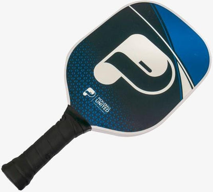 The Pickleball United Freedom Paddle features a black and blue design, a large white "P" logo, black grip handle, “Pickleball United” near the base, and a durable polypropylene honeycomb core for top performance.