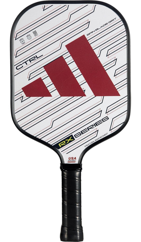 The adidas RX CTRL 3.3 Pickleball Paddle is white with black and red geometric accents, a bold red logo, black handle, Spin Blade Grit for control, and "CTRL," "RX SERIES," and "USA PICKLEBALL APPROVED" on the face.