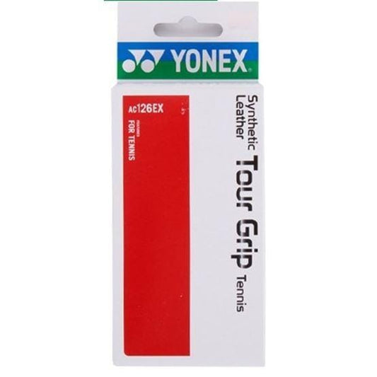 The packaging for the Yonex AC126EX Replacement Synthetic Leather Grip, in eye-catching red and white, prominently displays the Yonex logo at the top. Made from durable synthetic leather, this grip provides high performance for tennis players aiming for optimal control.