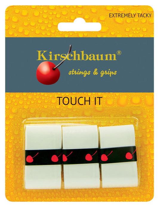The Kirschbaum Touch It Tennis Overgrip 3 Pack - White features "extremely tacky" overgrips that emphasize durability and absorption. The packaging includes three white grips, each with a black band featuring red cherry icons, set against a yellow background with a water-droplet texture.