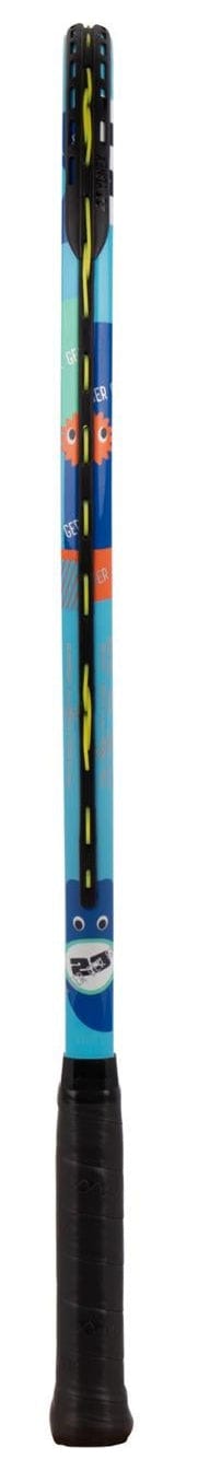 The Yonex Junior 23 Ocean Blue Tennis Racket by Yonex features a blue design with cartoon faces and playful graphics, a black grip, and yellow strings—ideal for young players starting out in tennis.