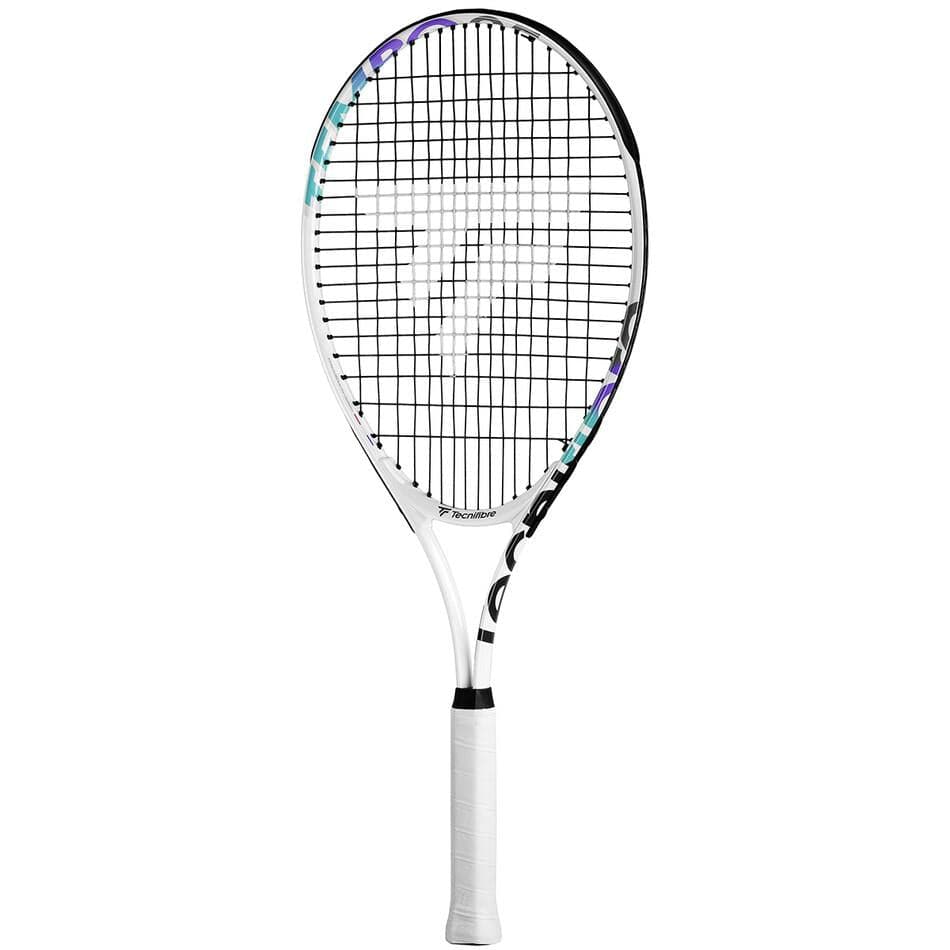 The Tecnifibre Tempo 25 Junior Tennis Racket by Tecnifibre is ideal for young players, featuring a white handle and youth-friendly design.