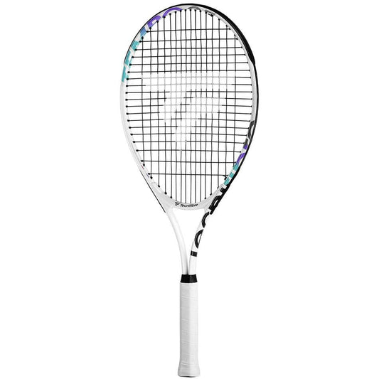 The Tecnifibre Tempo 25 Junior Tennis Racket by Tecnifibre is ideal for young players, featuring a white handle and youth-friendly design.