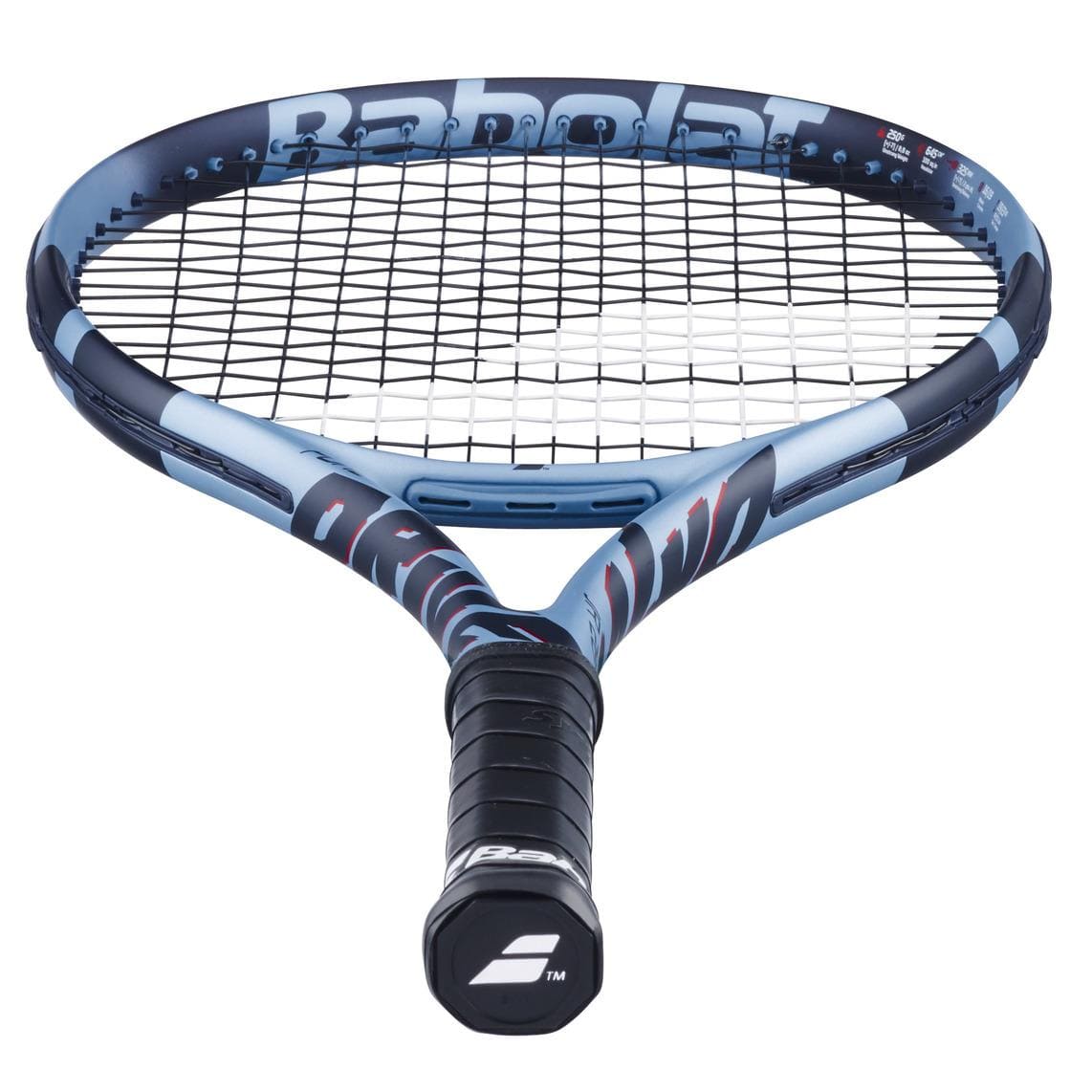 The Babolat Pure Drive Junior 26 Gen 11 Tennis Racket, shown from the handle to highlight its strings and logo, is a blue and black kids’ racket perfect for young players.