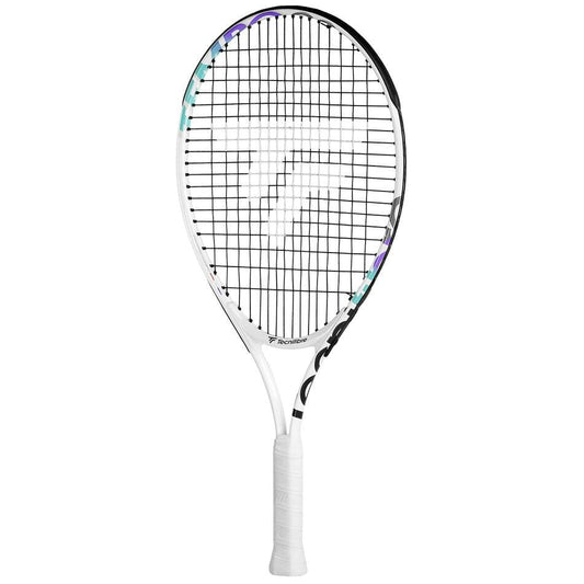 The Tecnifibre Tempo 23 Junior Tennis Racket is ideal for young players, boasting a large head and an eye-catching white design. With strings forming a geometric pattern and blue and green accents on the frame, it is complemented by a handle wrapped in white grip tape.