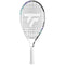 The Tecnifibre Tempo 23 Junior Tennis Racket is ideal for young players, boasting a large head and an eye-catching white design. With strings forming a geometric pattern and blue and green accents on the frame, it is complemented by a handle wrapped in white grip tape.