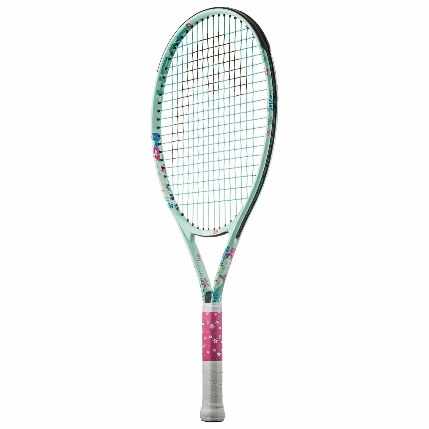 The HEAD Coco 25 Junior Tennis Racket - Mint is a vibrant racket with a light green frame embellished with floral motifs, complemented by a pink grip adorned with small white flowers. It features a damp+ insert for improved comfort and strings in a standard crisscross pattern, highlighting its colorful and feminine design inspired by Coco Gauff.