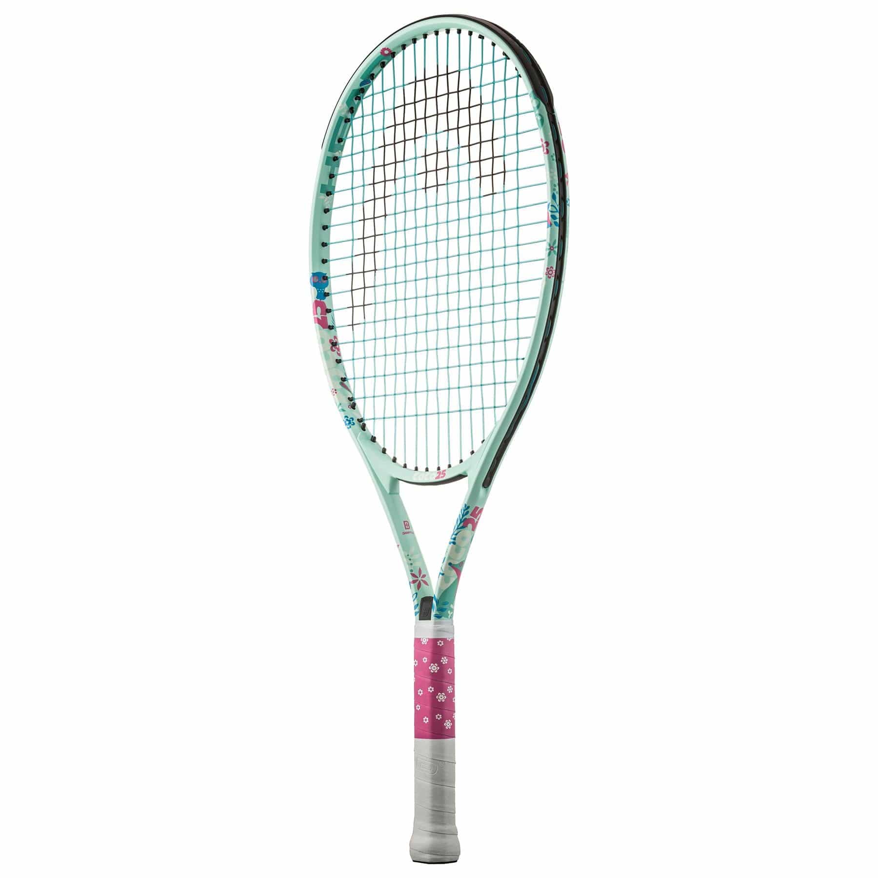The HEAD Coco 25 Junior Tennis Racket - Mint is a vibrant racket with a light green frame embellished with floral motifs, complemented by a pink grip adorned with small white flowers. It features a damp+ insert for improved comfort and strings in a standard crisscross pattern, highlighting its colorful and feminine design inspired by Coco Gauff.