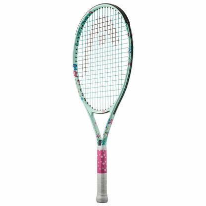 The HEAD Coco 25 Junior Tennis Racket - Mint is a vibrant racket with a light green frame embellished with floral motifs, complemented by a pink grip adorned with small white flowers. It features a damp+ insert for improved comfort and strings in a standard crisscross pattern, highlighting its colorful and feminine design inspired by Coco Gauff.