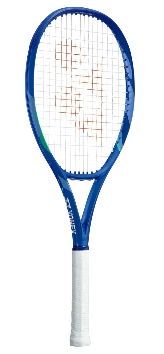The Yonex EZONE Alpha L 2025 Tennis Racket in Blast Blue, designed with ISOMETRIC technology, features a white grip and strings, and an orange logo at the string center.