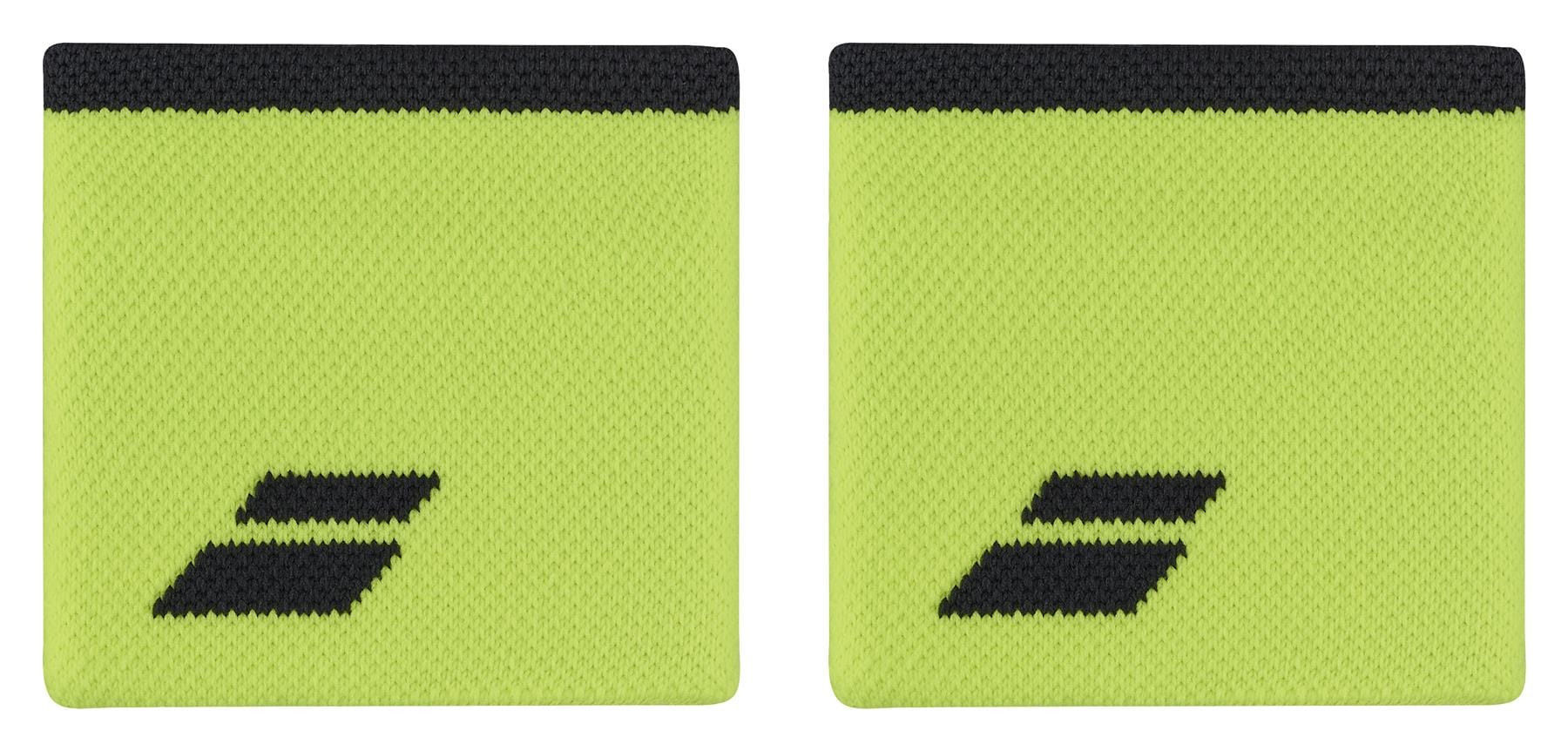 The Babolat Logo Wristbands in Aero Grey feature a contrasting color stripe at the top and a subtle logo pattern at the bottom, making them an effective and absorbent sports accessory.