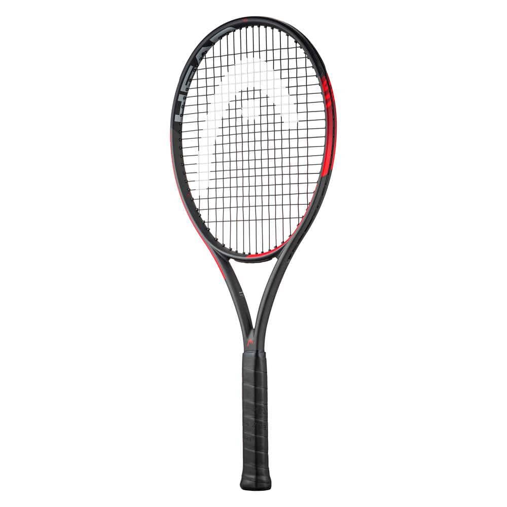 The HEAD IG Challenge MP Tennis Racket - Red from HEAD features a sleek design with a black and red color scheme, crafted from graphite and enhanced with Innegra™ technology. It boasts a sturdy black handle and an eye-catching mesh string pattern set against a white backdrop.