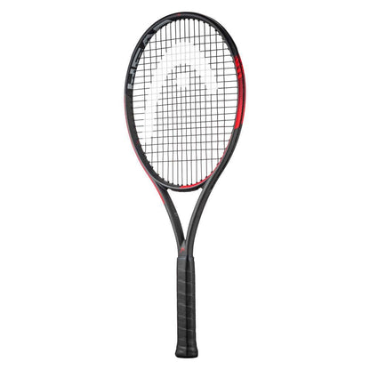 The HEAD IG Challenge MP Tennis Racket - Red from HEAD features a sleek design with a black and red color scheme, crafted from graphite and enhanced with Innegra™ technology. It boasts a sturdy black handle and an eye-catching mesh string pattern set against a white backdrop.