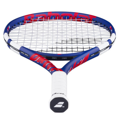 The Babolat Drive Junior 25 Tennis Racket by Babolat is shown from the front in blue, white, and red with a white grip and visible brand logo—ideal for kids learning tennis.