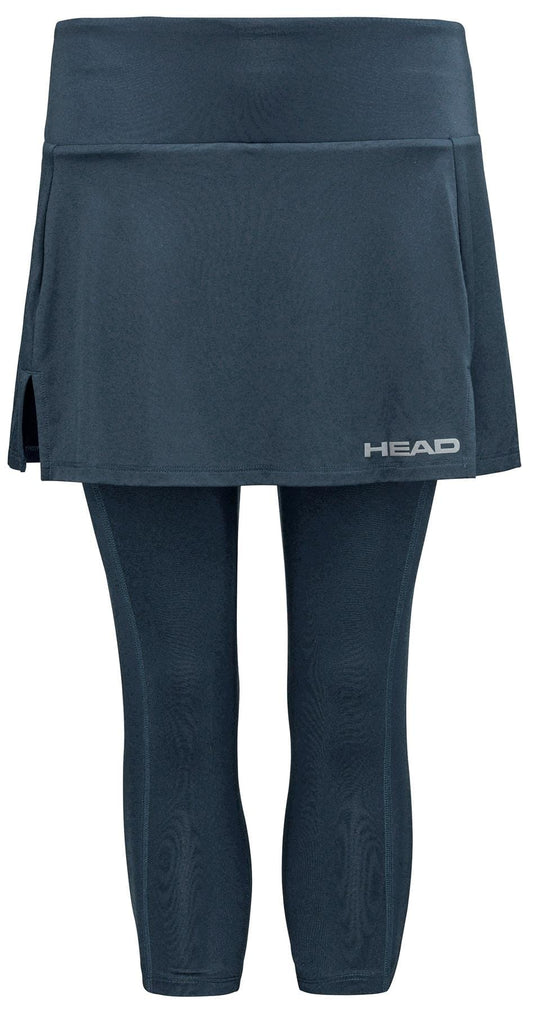 The HEAD Club 3/4 Tights Women's Tennis Skort in navy features an attached skirt for a stylish workout. With the "HEAD" logo on the lower right, these tights use moisture transfer microfiber to keep you comfortable and dry, making them an ideal alternative to traditional women’s tennis skorts.